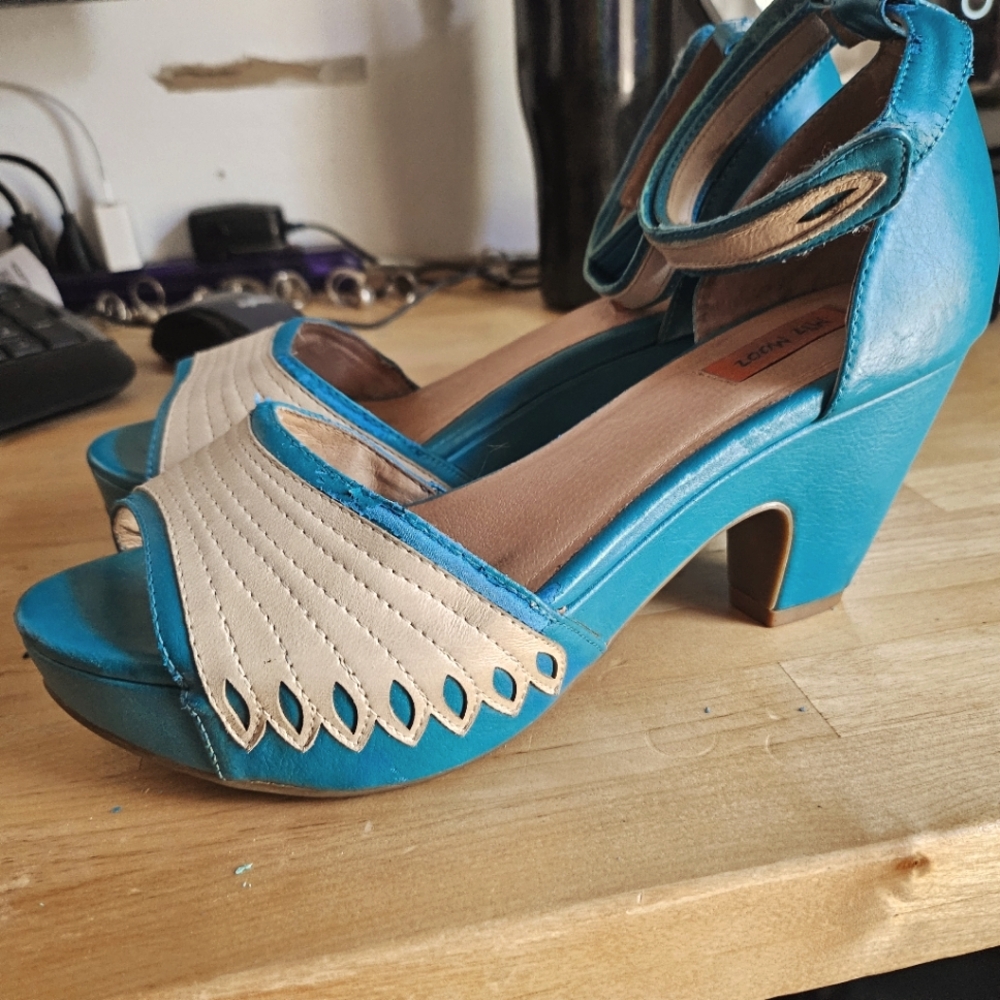 Blue and Cream Women's Heeled Sandals